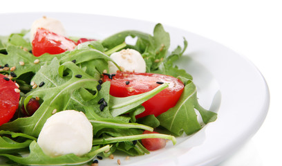Green salad made with  arugula, tomatoes, cheese mozzarella