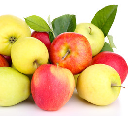 Ripe sweet apples with leaves, isolated on white