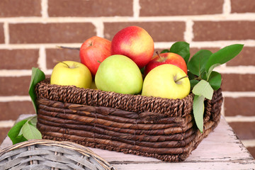 Beautiful still life with ripe sweet apples and leaves