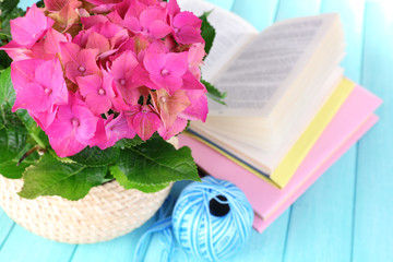 Obraz na płótnie Canvas Hydrangea with books and threads on table close-up