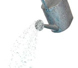 Water pouring from watering can isolated on white