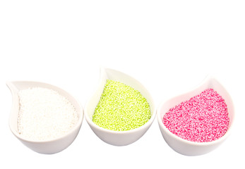 Pink, green, white sago pearl in ceramic container