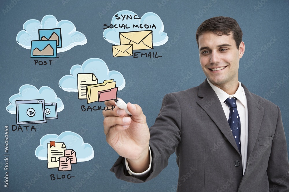 Poster composite image of businessman writing flowchart