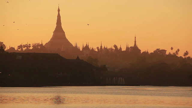 Shwedagon temle at sunset. Yangon, Myanmar.