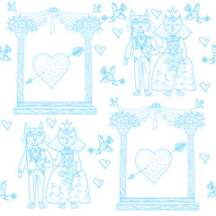 Cat wedding. Hand drawn illustration. Seamless pattern