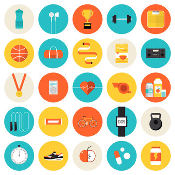 Fitness and sport flat icons set