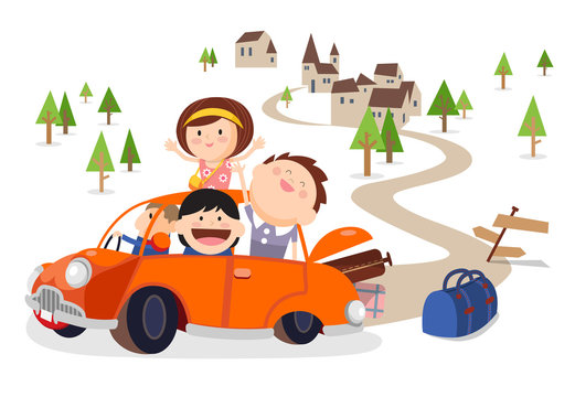 orange car with happy family on road trip clip art preview