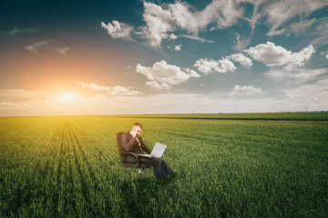 Naklejka premium Businessman in a wheat field