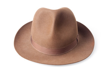 brown male felt hat isolated on white background