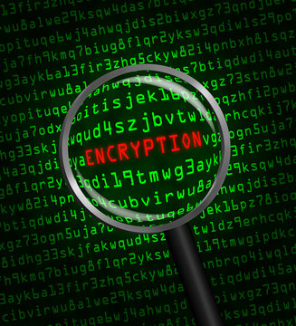 "ENCRYPTION" revealed in computer code through a magnifying glas