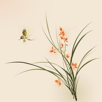 Oriental style painting, orchid flowers and butterfly