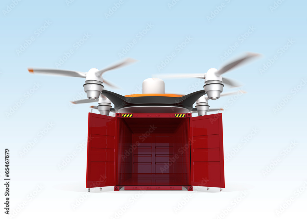 Poster front view of air drone and empty cargo container