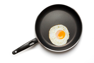 Fried egg in a frying pan isolated