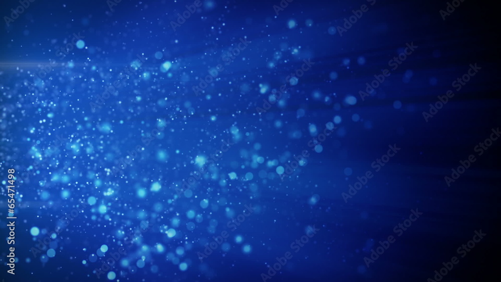 Poster springing blue particles in light beams loop