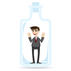 cartoon businessman captured in bottle
