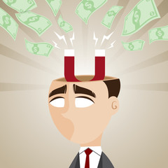 cartoon businessman with magnetic money cash