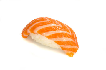 Salmon sushi nigiri isolated on white background. Macro.