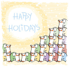 Greeting card with cute colorful penguins on a yellow background