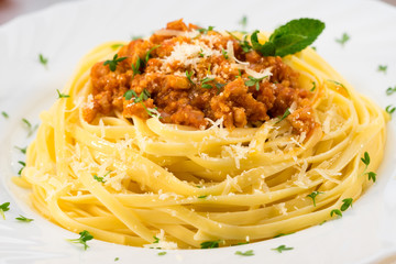 Spaghetti Bolognese on white plate