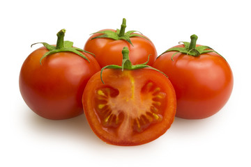 Three tomatoes and a slice of tomato