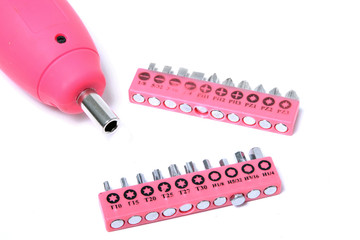 Pink  cordless screwdriver and bits