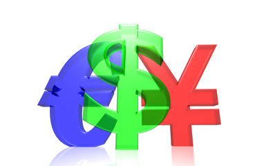 3D currency symbols illustration, dollar, euro, yen