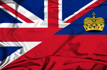 Fototapeta na wymiar Waving flag of Lichtenstein and UK