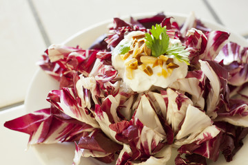 vegetarian salad of radicchio, greek yogurt, almonds,cilantro