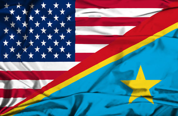 Waving flag of Congo Democratic Republic and USA