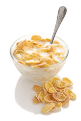 Cornflakes in a glass bowl with yogurt on white background