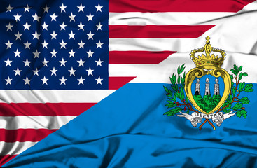 Waving flag of San Marino and USA