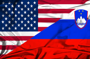 Waving flag of Slovenia and USA