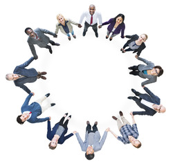 Fototapeta na wymiar Cheerful Business People Holding Hands Forming a Circle