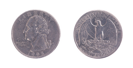 Twenty five American cents on a white background