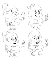 Little girls with ice cream, set, contour