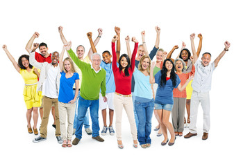 Fototapeta premium Cheerful Multi-Ethnic Group Of People With Their Arms Raised Ind