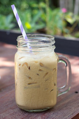 iced coffee on wood table