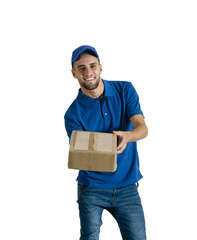 Young handsome delivery guy with boxed parcels