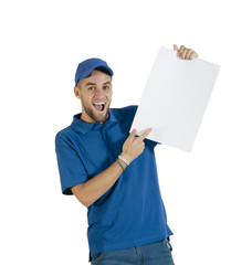 Young attractive guy holding white placecard in blue uniform