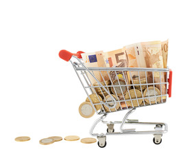 Euro notes and coins in a shopping cart