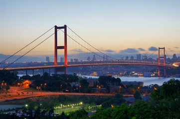 Fototapeta na wymiar Blue evening of Istanbul with Bosphorus Bridge