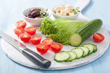ingredients for salad with tomatoes cucumber olives and feta che