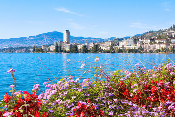 View on Montreux coastline from Geneva lake, Switzerland. - obrazy, fototapety, plakaty