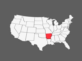 Three-dimensional map of Arkansas. USA.