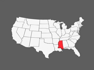Fototapeta premium Three-dimensional map of Mississippi. USA.