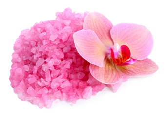 Beautiful blooming orchid flower  and heap of sea salt,
