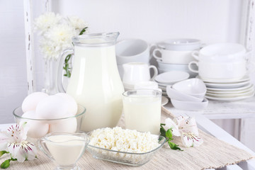 Obraz na płótnie Canvas Still life with tasty dairy products on table