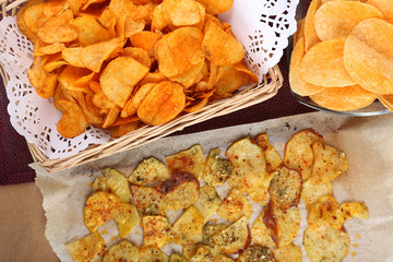 Homemade potato chips, close up
