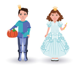 Little Cinderella princess and prince with pumpkin, vector