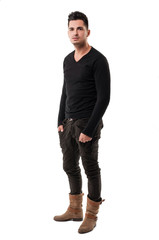 Beautiful male model standing on white background.